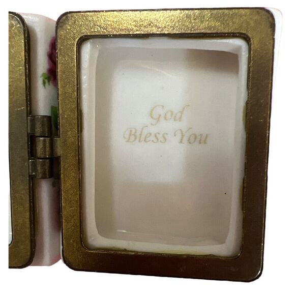 1993 Avon Bible Hinged Limoge trinket box God Bless You on the inside appx 2x2x1 - Picture 7 of 10